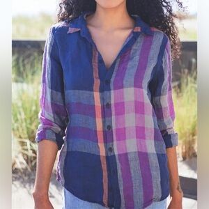 New CP Shades Romy Linen Blouse Purple Madras Plaid L Large free people